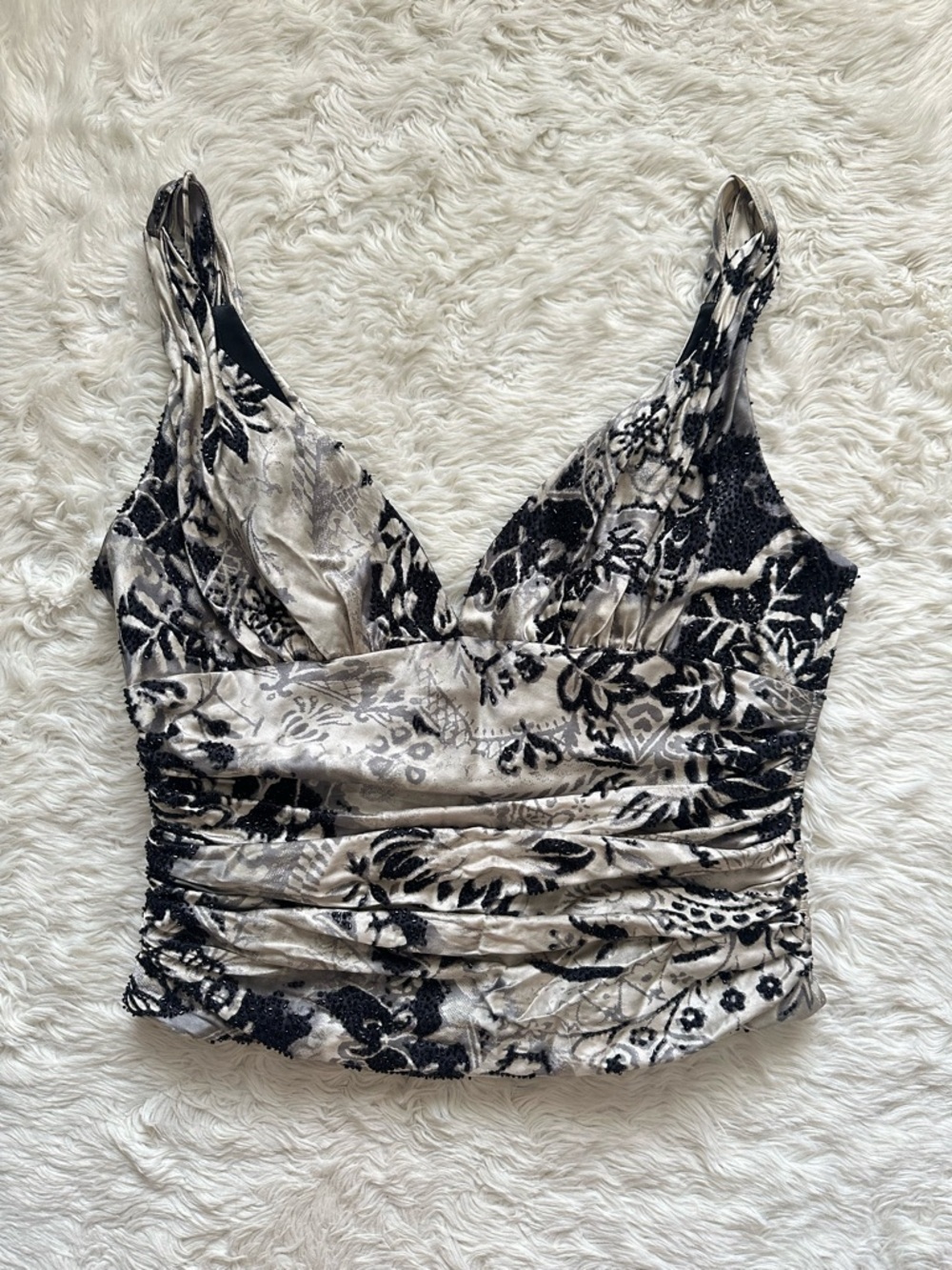 Women’s Top Satin Tank Floral Beaded Ruched Detail
